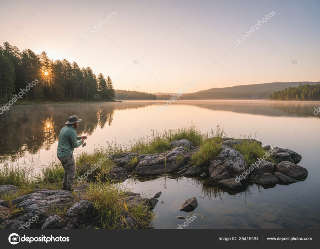 A peaceful lakeside scene at dawn, capturing an angler casting a jig. In the foreground, the angler, dressed in a modest fishing shirt and pants, focuses intently on a cluster of submerged rocks surrounded by aquatic vegetation, ideal cover for fish. The middle ground features rippling water reflecting a soft peach and lavender sky, while the background displays silhouetted trees and a gentle rise of a distant shoreline under the early morning light. The scene is illuminated by a warm, golden sunlight filtering through trees, creating a serene and inviting atmosphere. Opt for a wide-angle lens to capture the expansive view of the lake, emphasizing the intricacies of the cover and structure where jigs can be thrown for optimal fishing success.