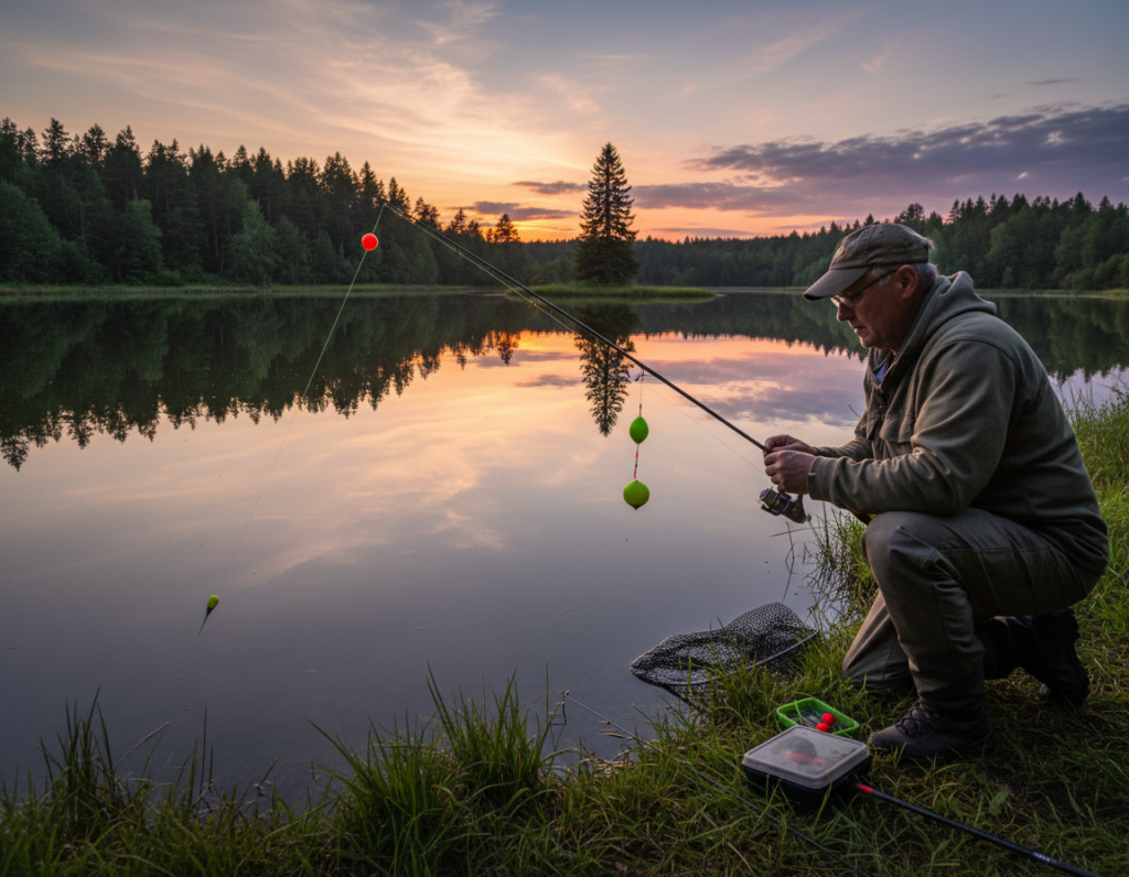 A serene lakeside scene depicting a depth float fishing setup in calm water conditions. In the foreground, a skilled angler is crouched beside a softly rippling lake, meticulously adjusting a float rig with vibrant colored bobbers and a sleek, lightweight fishing rod. In the middle ground, a clear reflection of surrounding lush greenery and a distant tree line creates a tranquil atmosphere, while the focus is on the angler's attentive expression. The background features a vibrant sunset, casting warm hues across the water, enhancing the peaceful mood. Natural lighting highlights the details of the fishing gear, while a slightly angled view captures the depth of the scene. The overall ambiance is quiet and focused, evoking a sense of patience and expertise in float fishing. A serene lakeside scene depicting a depth float fishing setup in calm water conditions. In the foreground, a skilled angler is crouched beside a softly rippling lake, meticulously adjusting a float rig with vibrant colored bobbers and a sleek, lightweight fishing rod. In the middle ground, a clear reflection of surrounding lush greenery and a distant tree line creates a tranquil atmosphere, while the focus is on the angler's attentive expression. The background features a vibrant sunset, casting warm hues across the water, enhancing the peaceful mood. Natural lighting highlights the details of the fishing gear, while a slightly angled view captures the depth of the scene. The overall ambiance is quiet and focused, evoking a sense of patience and expertise in float fishing.