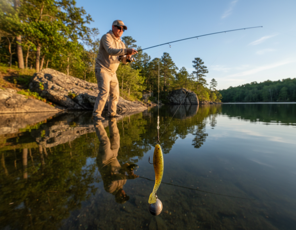 A serene fishing scene showcasing a drop shot presentation technique for bass fishing. In the foreground, a close-up of a well-arranged drop shot rig with a soft plastic bait, expertly tied to a fluorocarbon line, dangling in crystal clear water. The middle ground features a fishing rod held by a person in casual, professional attire, casting smoothly; their focus demonstrates skill and concentration. In the background, a tranquil lake reflects the blue sky, surrounded by lush greenery and rocky shores, enhancing the natural beauty of the setting. Soft, warm sunlight filters through the trees, casting gentle shadows and creating a calm and inviting atmosphere, ideal for fishing. The scene captures the essence of the drop shot technique, emphasizing its effectiveness for attracting bass. A serene fishing scene showcasing a drop shot presentation technique for bass fishing. In the foreground, a close-up of a well-arranged drop shot rig with a soft plastic bait, expertly tied to a fluorocarbon line, dangling in crystal clear water. The middle ground features a fishing rod held by a person in casual, professional attire, casting smoothly; their focus demonstrates skill and concentration. In the background, a tranquil lake reflects the blue sky, surrounded by lush greenery and rocky shores, enhancing the natural beauty of the setting. Soft, warm sunlight filters through the trees, casting gentle shadows and creating a calm and inviting atmosphere, ideal for fishing. The scene captures the essence of the drop shot technique, emphasizing its effectiveness for attracting bass.