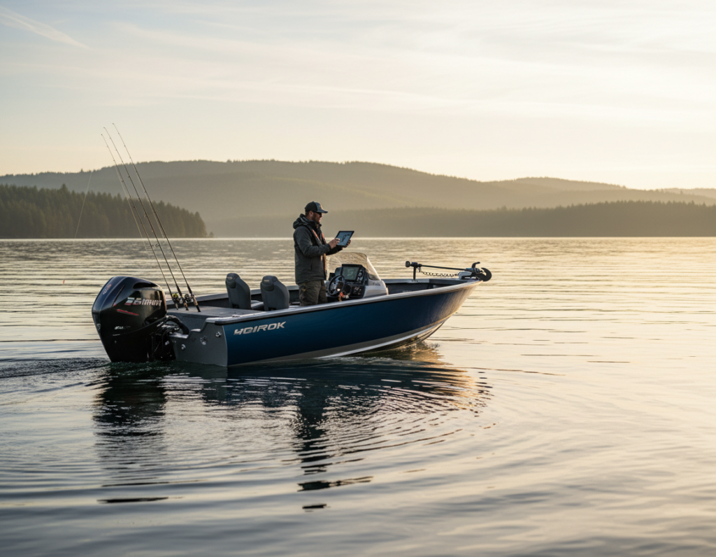 A stunning depiction of a tranquil fishing scene focused on the concept of "speed control" while trolling. In the foreground, a sleek, modern fishing boat glides over calm waters, its engine slightly visible as it maintains a steady pace. A professional angler, dressed in practical fishing attire, stands attentively at the helm, closely monitoring speed with a high-tech device in hand. The middle ground features gentle ripples on the water's surface, reflecting the soft glow of early morning sunlight. In the background, a serene landscape of distant hills and trees creates a harmonious backdrop. The atmosphere is calm yet focused, capturing the essence of the trolling technique and the importance of speed in achieving successful fishing outcomes. The lighting is warm and inviting, conveying a peaceful early morning fishing environment. A stunning depiction of a tranquil fishing scene focused on the concept of "speed control" while trolling. In the foreground, a sleek, modern fishing boat glides over calm waters, its engine slightly visible as it maintains a steady pace. A professional angler, dressed in practical fishing attire, stands attentively at the helm, closely monitoring speed with a high-tech device in hand. The middle ground features gentle ripples on the water's surface, reflecting the soft glow of early morning sunlight. In the background, a serene landscape of distant hills and trees creates a harmonious backdrop. The atmosphere is calm yet focused, capturing the essence of the trolling technique and the importance of speed in achieving successful fishing outcomes. The lighting is warm and inviting, conveying a peaceful early morning fishing environment.