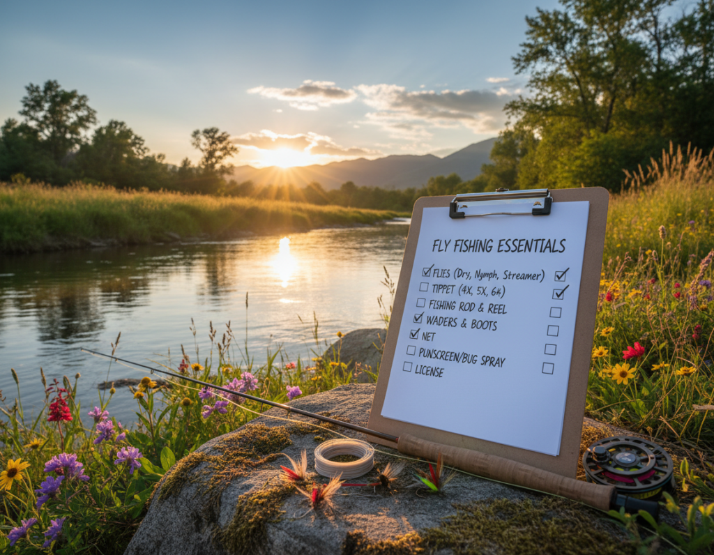 A tranquil river scene, showcasing a checklist for fly fishing supplies along the riverbank. In the foreground, a rustic wooden clipboard with a neatly arranged checklist items, such as flies, tippet, and a fishing rod, positioned near vibrant wildflowers and smooth stones. The middle ground features the gently flowing river water, reflecting the clear blue sky, surrounded by lush greenery and tall grasses swaying in the breeze. The background includes sun-dappled trees and a distant mountain range, creating a serene atmosphere. Soft, warm lighting enhances the peaceful mood, with the sun low on the horizon, casting gentle shadows. The angle captures the checklist prominently, encouraging focus on preparation for an ideal fishing adventure. A tranquil river scene, showcasing a checklist for fly fishing supplies along the riverbank. In the foreground, a rustic wooden clipboard with a neatly arranged checklist items, such as flies, tippet, and a fishing rod, positioned near vibrant wildflowers and smooth stones. The middle ground features the gently flowing river water, reflecting the clear blue sky, surrounded by lush greenery and tall grasses swaying in the breeze. The background includes sun-dappled trees and a distant mountain range, creating a serene atmosphere. Soft, warm lighting enhances the peaceful mood, with the sun low on the horizon, casting gentle shadows. The angle captures the checklist prominently, encouraging focus on preparation for an ideal fishing adventure.