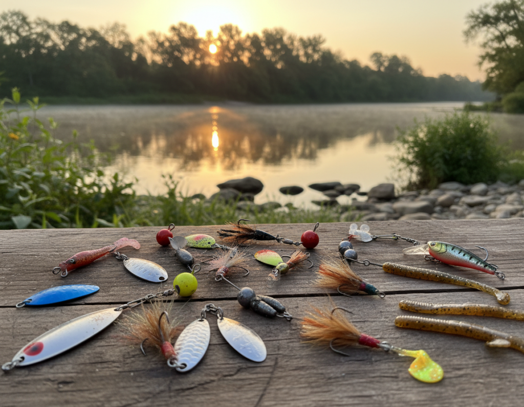 A vibrant scene of a riverbank at dawn, capturing various fishing lures laid out on a weathered wooden table. In the foreground, colorfully designed spinners, jigs, and soft plastics are arranged in an artful display, showcasing their textures and finishes under soft morning light. The middle ground features a serene river with gentle ripples reflecting the golden hues of dawn. Small plants and rocks are visible at the bank, adding natural elements to the composition. In the background, a lush, tree-lined shoreline creates a sense of tranquility. The overall mood is calm and inviting, perfect for aspiring anglers. The scene should be captured with a shallow depth of field to emphasize the lures while softly blurring the surroundings. A vibrant scene of a riverbank at dawn, capturing various fishing lures laid out on a weathered wooden table. In the foreground, colorfully designed spinners, jigs, and soft plastics are arranged in an artful display, showcasing their textures and finishes under soft morning light. The middle ground features a serene river with gentle ripples reflecting the golden hues of dawn. Small plants and rocks are visible at the bank, adding natural elements to the composition. In the background, a lush, tree-lined shoreline creates a sense of tranquility. The overall mood is calm and inviting, perfect for aspiring anglers. The scene should be captured with a shallow depth of field to emphasize the lures while softly blurring the surroundings.
