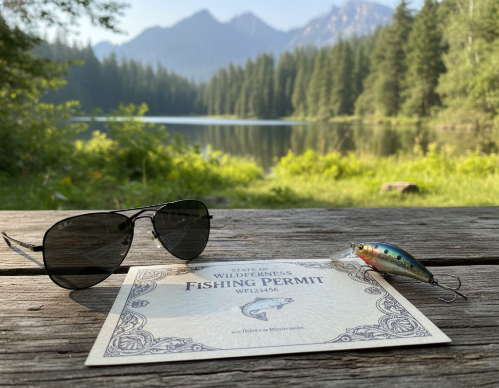 A detailed fishing license lying on a rustic wooden table, with a backdrop of a tranquil lake surrounded by lush greenery and distant mountains. In the foreground, a pair of sunglasses and a fishing lure lay beside the license, hinting at a planned fishing trip. The license features intricate designs, including fish motifs and a watermark, evoking a sense of authenticity. Soft, natural sunlight filters through the leaves, casting gentle shadows on the table, creating a peaceful atmosphere. The scene is captured from a slightly elevated angle, highlighting the textures of the wood and the glossy finish of the license, aiming to evoke the joys of preparing for a serene weekend fishing expedition.