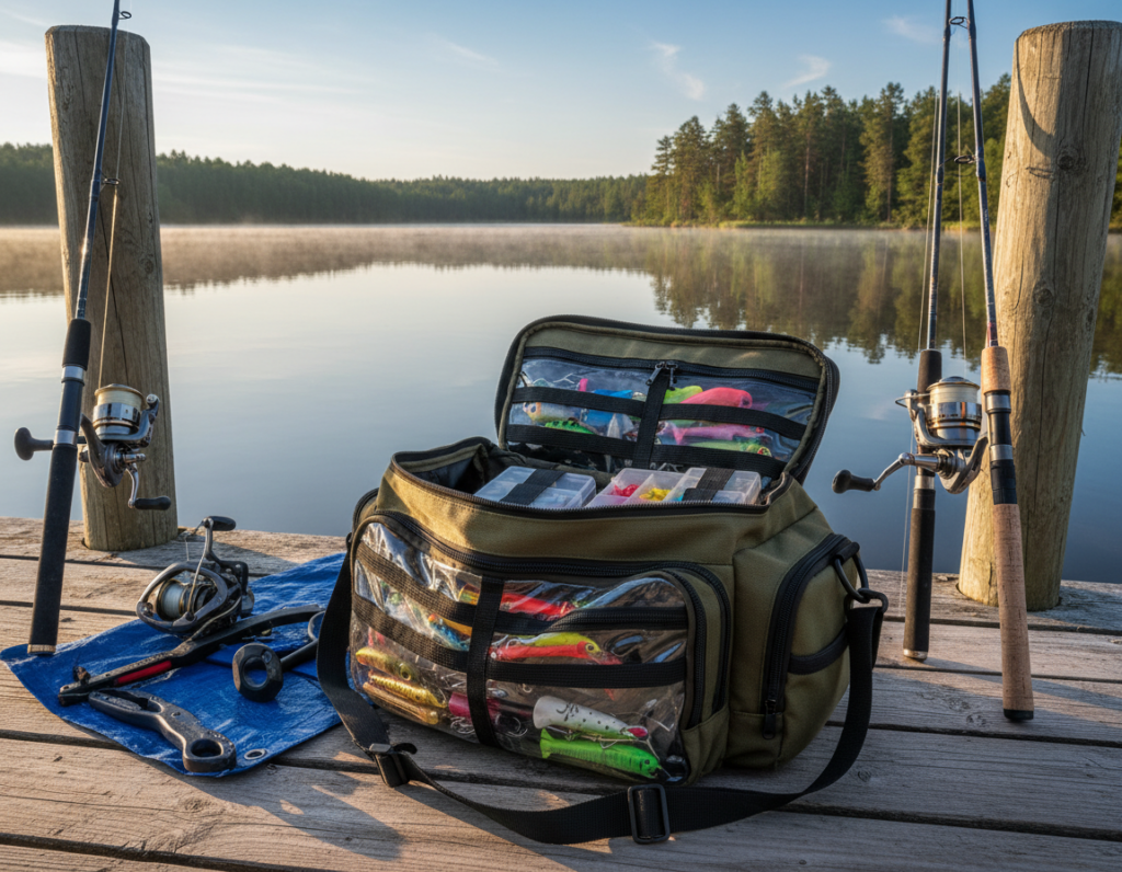 Una detallada bolsa de pesca reposa sobre un muelle de madera, rodeada de aparejos y carretes. En primer plano, la bolsa está abierta, revelando compartimentos perfectamente organizados con señuelos, anzuelos y accesorios. En el plano medio se aprecian cañas de pescar apoyadas en el muelle, con un lago sereno que refleja el sol de la mañana. Al fondo, frondosos árboles y un cielo azul claro contribuyen a crear una atmósfera tranquila. La escena está iluminada por una luz natural suave, que proyecta sombras delicadas que resaltan las texturas de la bolsa y los aparejos. Captura esta imagen desde una perspectiva ligeramente inclinada hacia arriba para enfatizar la organización y accesibilidad de la bolsa, evocando una sensación de preparación y aventura. A detailed tackle bag sitting on a wooden dock, surrounded by fishing gear and reels. In the foreground, the tackle bag is unzipped, revealing neatly organized compartments filled with lures, hooks, and tackle accessories. The mid-ground showcases fishing rods propped against the dock, with a serene lake reflecting the early morning sun. The background features lush trees and a clear blue sky, adding to the tranquil atmosphere. The scene is illuminated by soft, natural lighting, creating gentle shadows that highlight the textures of the tackle bag and fishing gear. Capture this from a slightly angled overhead perspective to emphasize the organization and accessibility of the tackle bag, evoking a sense of readiness and adventure.