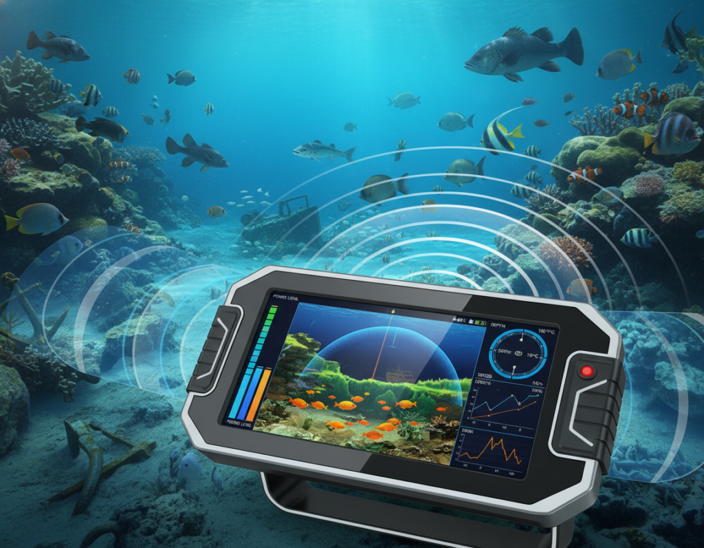 A high-tech power depth sonar display, showcasing detailed sonar images of underwater structures and fish. In the foreground, a sleek fish finder unit is displayed with vibrant visual graphs and data readings on its screen. The mid-ground features a digital representation of sonar waves emanating from the device, penetrating various water depths, highlighting fish schools and aquatic terrain. In the background, a tranquil underwater environment teems with various fish species and submerged rocks. The scene is illuminated with gentle blue hues simulating underwater light refraction, enhancing the clarity of the sonar imagery. The perspective is slightly angled, giving a dynamic and informative view of how sonar reflects underwater features. The overall mood is futuristic and educational, blending technology and nature harmoniously.