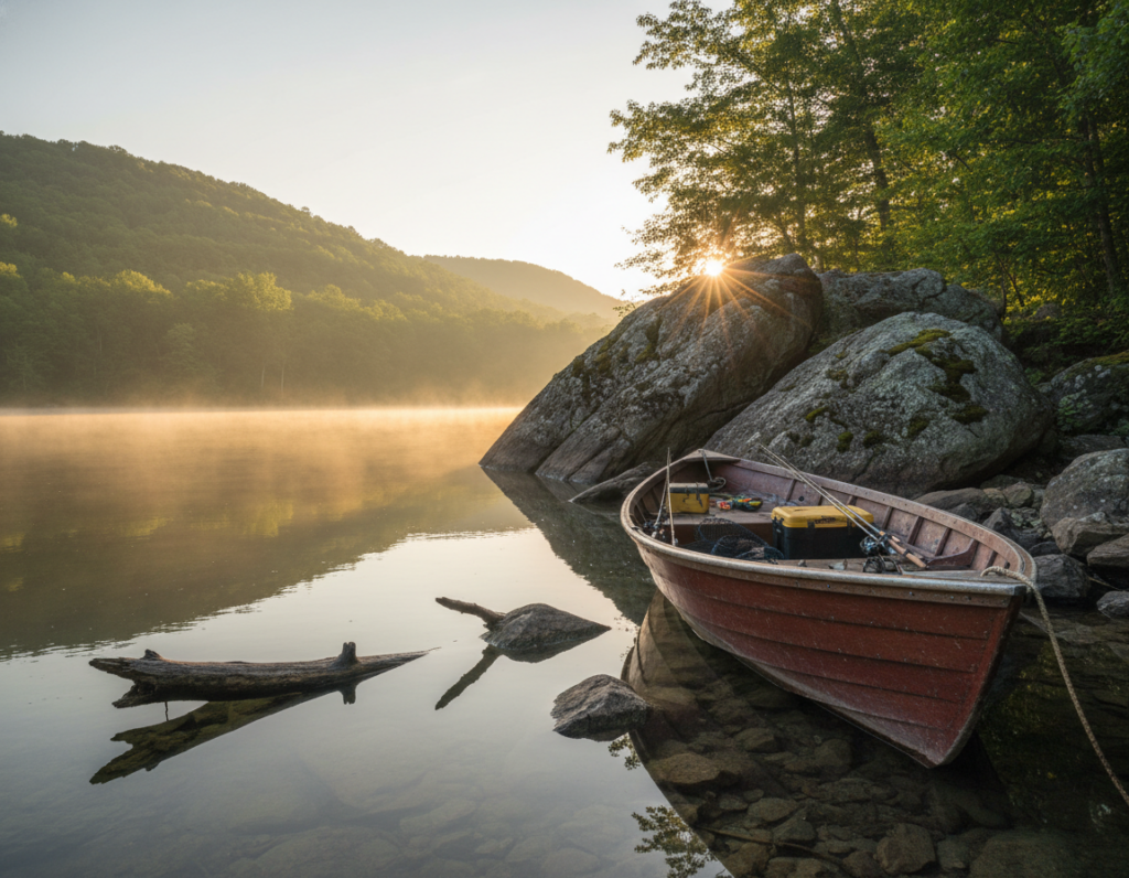 A serene lake scene at sunrise, showcasing a small fishing boat positioned at the edge of a rocky structure. In the foreground, the weathered boat's bow is angled towards the viewer, revealing fishing gear neatly arranged onboard. The middle ground features the rugged rocks and submerged logs, partially visible just below the water's surface, creating an inviting area for fish. The background is filled with gentle undulating hills and lush greenery, softly illuminated by the early morning light. The atmosphere is calm and tranquil, with a slight mist hovering over the water, emphasizing the peacefulness of the location. The scene is captured from a low angle, adding depth to the composition and enhancing the viewer's connection to the fishing experience. The lighting is warm, casting ethereal reflections on the water, creating a perfect visual representation of structure fishing.