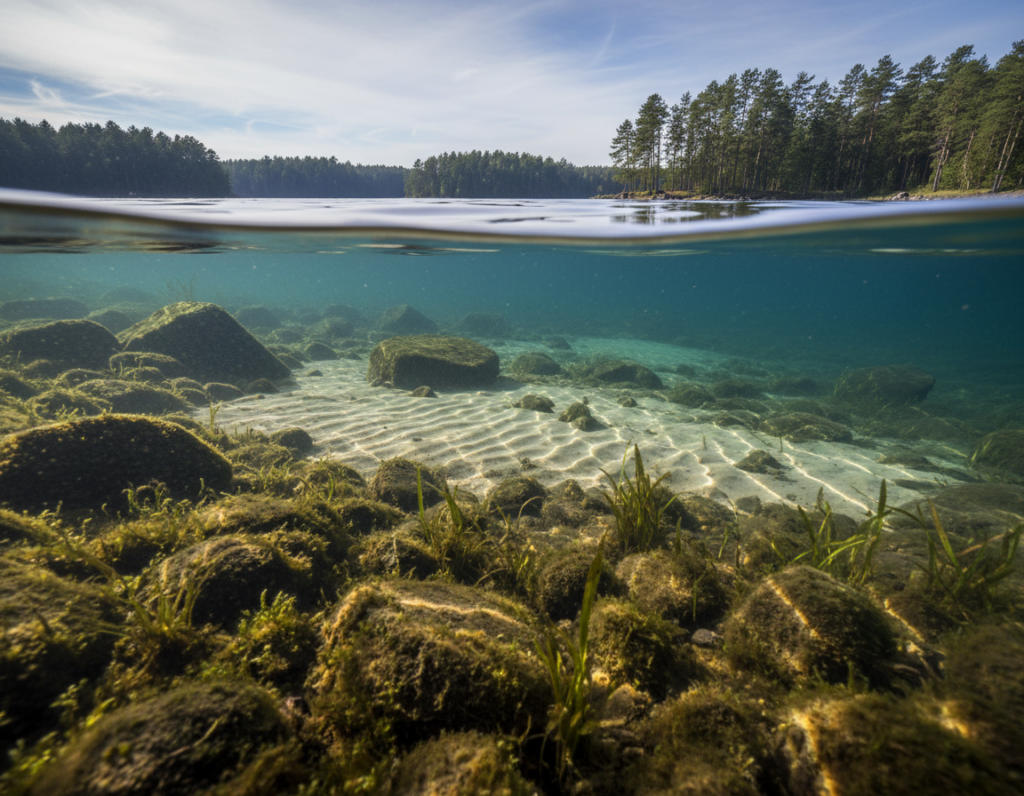 A serene lakescape focused on the underwater terrain, showcasing varying depths and subtle breaks in the lake bed. In the foreground, intricate details of submerged rocks and aquatic plants are visible, with light reflecting off the surface, creating a shimmering effect. The middle ground features gentle slopes leading down into deeper water, with scattered patches of lighter sand contrasting against the darker depths. In the background, the lake transitions into silhouettes of trees bordering the shore under a bright blue sky. Soft, natural lighting enhances the tranquil atmosphere, evoking a sense of calm and focus. The scene is captured from a low angle, emphasizing the lake's depth and the hidden ecosystems, ideal for illustrating the intricacies of finding prime fishing spots.
