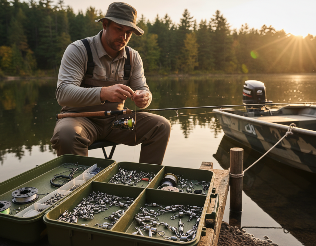 A serene lakeside scene showcasing a fisherman in professional attire, meticulously tying fishing line with a swivel. In the foreground, a well-equipped tackle box with various types of swivels laid out, highlighting their differences. The middle ground features the fisherman focused on his task, with a fishing rod beside him, and a partially visible fishing boat gently anchored nearby. The background captures a picturesque landscape of lush trees and calm waters under a soft, golden sunset, casting warm light over the scene. The mood is tranquil and instructional, emphasizing the importance of swivels in fishing. The image is shot from a slightly elevated angle, providing depth and a comprehensive view of the fisherman’s setup while ensuring clarity on the swivels.
