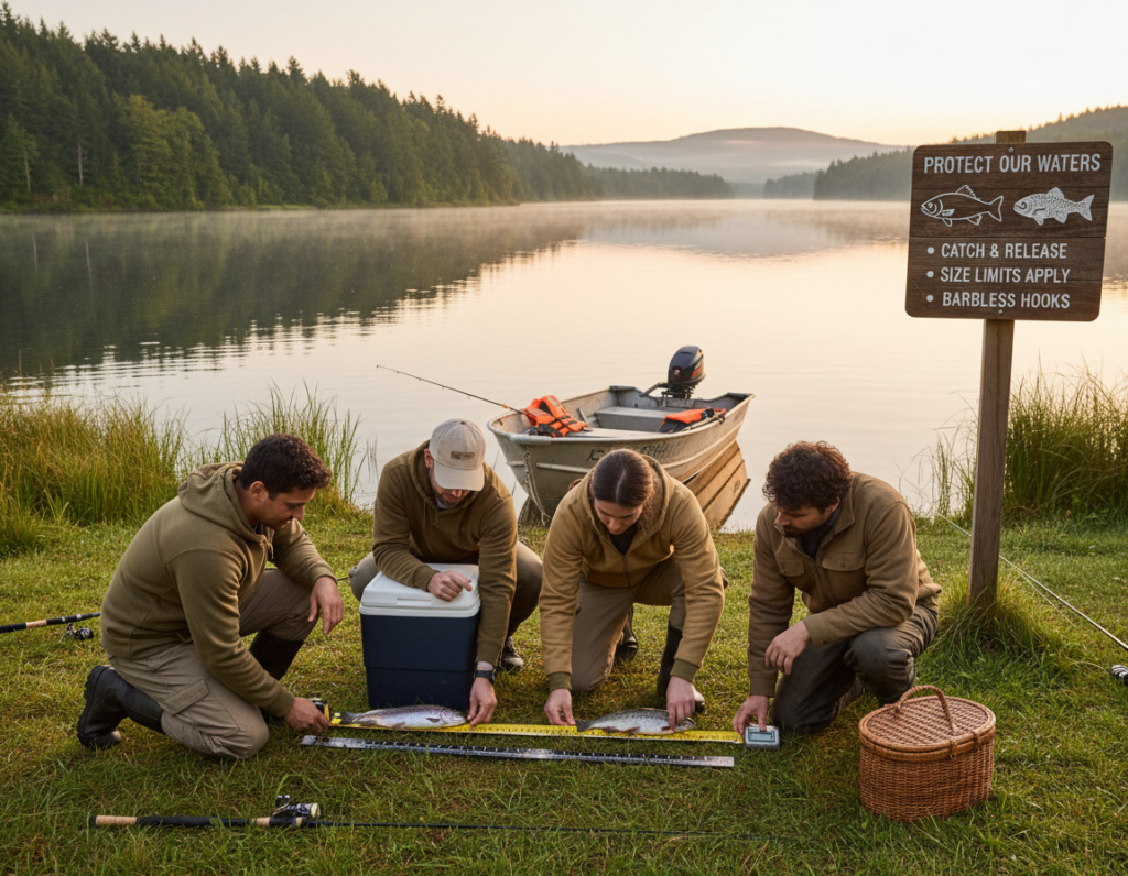 A serene lakeside setting at dawn, where a group of diverse fishermen is actively engaged in responsible fishing practices. In the foreground, three individuals in modest, professional casual attire are carefully measuring freshly caught fish, ensuring they comply with size regulations. In the middle ground, a visible sign highlights fishing regulations while a small boat is anchored nearby, emphasizing safety. The background showcases a tranquil lake reflecting soft pastel colors of the morning sky, with lush greenery framing the scene. Gentle ripples on the water and soft, warm lighting create a respectful and peaceful atmosphere, conveying the importance of conservation and the community's commitment to following regulations. The image captures the essence of stewardship and responsible fishing practices in a natural setting.