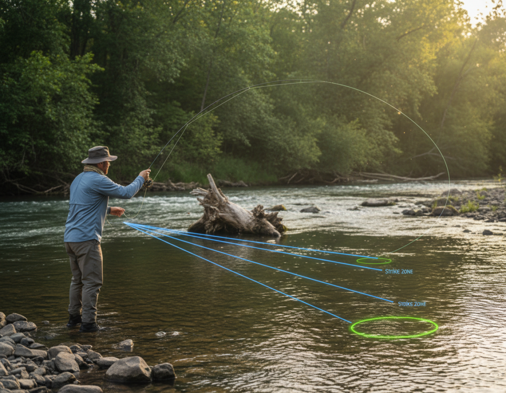 A serene river scene illustrating ideal casting angles for river fishing, captured from a dynamic perspective. In the foreground, a skilled angler in modest casual clothing, focused on casting, showcases their technique with a fishing rod poised in mid-air. The middle ground features various angles of the riverbank and smooth, flowing water, with visible structures like rocks and driftwood, demonstrating the importance of avoiding obstructions. The background includes lush green trees lining the river, with soft sunlight filtering through the leaves, creating a warm, inviting atmosphere. The scene captures a sense of tranquility and focus, emphasizing the art of maintaining bait in the strike zone. The lighting is bright yet soft, evoking a peaceful late afternoon setting, with a shallow depth of field to highlight the angler’s actions. A serene river scene illustrating ideal casting angles for river fishing, captured from a dynamic perspective. In the foreground, a skilled angler in modest casual clothing, focused on casting, showcases their technique with a fishing rod poised in mid-air. The middle ground features various angles of the riverbank and smooth, flowing water, with visible structures like rocks and driftwood, demonstrating the importance of avoiding obstructions. The background includes lush green trees lining the river, with soft sunlight filtering through the leaves, creating a warm, inviting atmosphere. The scene captures a sense of tranquility and focus, emphasizing the art of maintaining bait in the strike zone. The lighting is bright yet soft, evoking a peaceful late afternoon setting, with a shallow depth of field to highlight the angler’s actions.