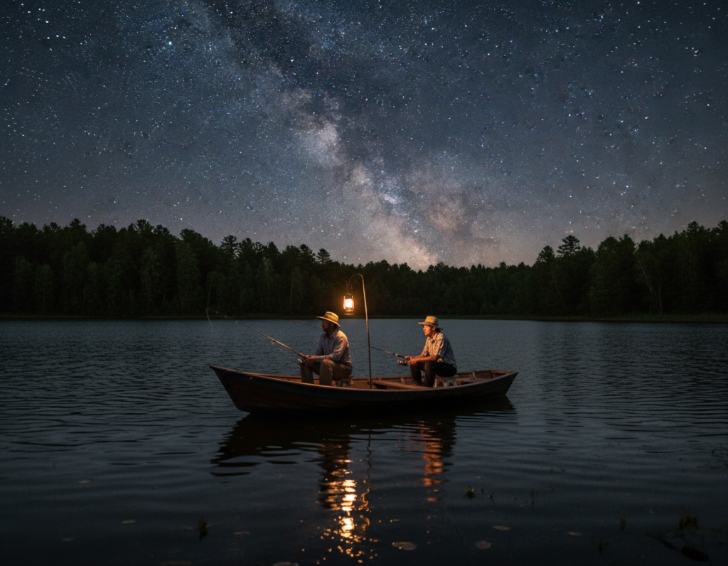 A tranquil scene of a freshwater lake at night, capturing the shimmering surface under a starry sky. In the foreground, gently rippling water reflects the moonlight, with subtle hints of aquatic plants just below the surface. In the middle ground, a small fishing boat is positioned quietly, silhouetted against the shimmering water, casting a soft glow from a lantern. The fishermen, dressed in modest casual clothing, are focused on their fishing rods, immersed in the serene atmosphere. In the background, dense trees line the shore, their dark silhouettes contrasting with the bright, twinkling stars above. The image conveys a peaceful, contemplative mood, with soft, natural lighting that enhances the tranquility of night fishing. Capture this moment with a wide-angle lens, emphasizing the vastness of the lake and the intimacy of the boat. A tranquil scene of a freshwater lake at night, capturing the shimmering surface under a starry sky. In the foreground, gently rippling water reflects the moonlight, with subtle hints of aquatic plants just below the surface. In the middle ground, a small fishing boat is positioned quietly, silhouetted against the shimmering water, casting a soft glow from a lantern. The fishermen, dressed in modest casual clothing, are focused on their fishing rods, immersed in the serene atmosphere. In the background, dense trees line the shore, their dark silhouettes contrasting with the bright, twinkling stars above. The image conveys a peaceful, contemplative mood, with soft, natural lighting that enhances the tranquility of night fishing. Capture this moment with a wide-angle lens, emphasizing the vastness of the lake and the intimacy of the boat.