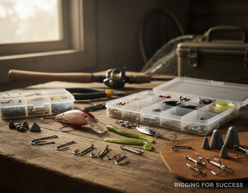 A detailed composition showcasing an assortment of fishing hooks and terminal tackle laid out on a wooden workbench. In the foreground, prominently display shiny metallic hooks of various sizes, alongside colorful fishing lures and weights. The middle layer should include various types of terminal tackle like swivels, snap connectors, and leader lines, all neatly organized in small clear containers. In the background, slightly blurred, depict a rustic fishing setup with soft bokeh lighting, evoking an outdoor atmosphere. The scene is illuminated by warm, natural sunlight, creating a productive and inviting fishing ambiance. Aim for a close-up perspective that conveys a sense of craftsmanship and efficiency in rigging tools, suitable for an article related to fishing efficiency.