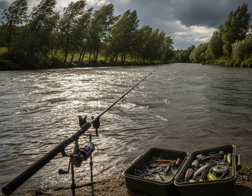 A gently flowing river in a dynamic landscape, demonstrating the impact of windy conditions on fishing. In the foreground, a sturdy fishing rod is poised at the edge of the water, with a robust tackle box nearby, showcasing various tackle options suitable for choppy conditions. The middle ground features rolling waves and ripples on the water's surface, reflecting sunlight that creates shimmering highlights. Trees line the banks, swaying in the wind, contributing to a slightly turbulent atmosphere. The background features a cloudy sky, capturing the intensity of windy weather, with hints of impending rain. The lighting is natural, suggesting a late afternoon setting, with shadows from the trees playing over the water and equipment, creating a sense of movement and urgency, emphasizing the article's focus on adapting fishing techniques. A gently flowing river in a dynamic landscape, demonstrating the impact of windy conditions on fishing. In the foreground, a sturdy fishing rod is poised at the edge of the water, with a robust tackle box nearby, showcasing various tackle options suitable for choppy conditions. The middle ground features rolling waves and ripples on the water's surface, reflecting sunlight that creates shimmering highlights. Trees line the banks, swaying in the wind, contributing to a slightly turbulent atmosphere. The background features a cloudy sky, capturing the intensity of windy weather, with hints of impending rain. The lighting is natural, suggesting a late afternoon setting, with shadows from the trees playing over the water and equipment, creating a sense of movement and urgency, emphasizing the article's focus on adapting fishing techniques.
