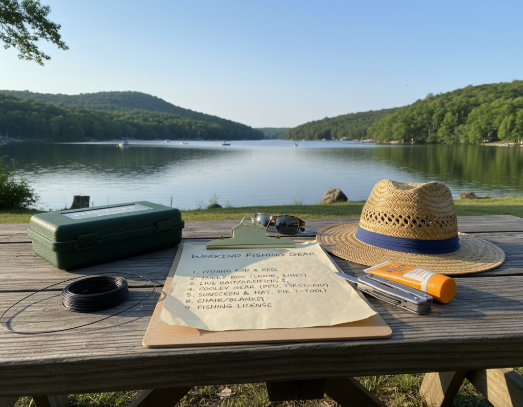 A well-organized gear checklist for weekend fishing, elegantly laid out on a wooden picnic table. In the foreground, a stylish clipboard features neatly written items like a fishing rod, tackle box, bait, cooler, and safety gear. Surrounding the checklist, various fishing accessories are casually arranged, including a multi-tool, sunblock, and a hat. In the middle ground, a serene lakeside view with lush green trees and a clear blue sky enhances the setting. The lighting is soft and natural, suggesting a warm afternoon glow, perfect for a relaxing day outdoors. A slightly angled perspective captures both the checklist and the picturesque background, evoking an inviting and practical atmosphere tailored for beginners eager to enjoy their fishing experience.