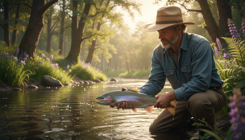 A serene freshwater fishing scene showcasing a skilled angler practicing catch and release fishing. In the foreground, a person dressed in modest casual clothing kneels by the water's edge, gently holding a vibrant fish in their hands, emphasizing the care taken in releasing it back to its habitat. The middle ground features rippling water reflecting sunlight, surrounded by lush greenery and blooming wildflowers, conveying a tranquil atmosphere. In the background, towering trees filter soft, dappled sunlight, creating a warm and inviting ambiance. The scene is captured with a shallow depth of field, focusing on the angler and the fish while blurring the background slightly, enhancing the poignancy of this conservation practice.