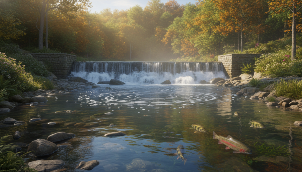 A serene freshwater scene showcasing a variety of fish wildlife, including trout and bass, swimming near a tranquil dam surrounded by lush greenery. In the foreground, a crystal-clear river glistens under soft golden sunlight, highlighting the fish darting through the water. The middle ground showcases the dam, crafted from stone, with gentle waterfalls spilling over its edges, creating ripples in the water below. In the background, tall trees with vibrant leaves frame the scene, casting dappled shadows along the riverbank. The atmosphere is peaceful and inviting, perfect for anglers planning their trip. Use a wide angle lens to capture the expansive beauty of the environment, emphasizing the natural light and rich colors of the landscape, evoking a sense of exploration and tranquility.