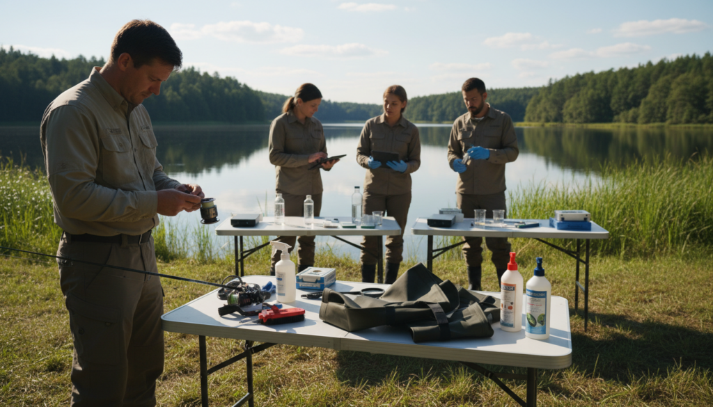 A serene lakeside scene focusing on biosecurity measures against aquatic invasive species. In the foreground, a detailed view shows a biologist in professional attire, carefully inspecting fishing gear with tools laid out on a table. In the middle ground, a group of scientists actively discussing protocols and analyzing water samples. The background features a tranquil body of water surrounded by lush vegetation, with a clear blue sky above. Soft, natural lighting emphasizes the importance of the work being done, casting gentle shadows that create depth. The atmosphere is focused and serious, showcasing the dedication to protecting inland waters from invasive species while fostering ecological health.