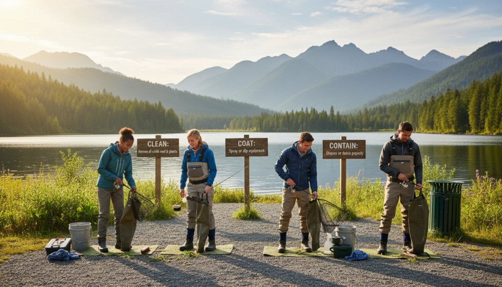 A serene lakeside scene showcasing responsible angling practices. In the foreground, a diverse group of well-dressed anglers, clad in professional outdoor attire, meticulously cleaning their fishing gear, ensuring no invasive species cling to their equipment. In the middle ground, a clear path leads to the water's edge with informative signs emphasizing the "Three Cs" (Clean, Coat, Container). The background features calm waters surrounded by lush greenery and distant mountains, under a bright blue sky with soft clouds. The lighting is warm and inviting, capturing the tranquility of nature. The atmosphere conveys a sense of responsibility and harmony with the environment, highlighting the importance of preserving local ecosystems.
